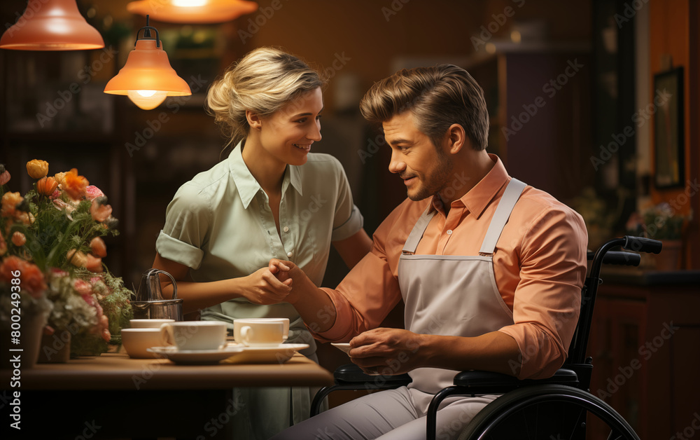 Support worker assisting person in wheelchair. Generative AI Support worker assisting person in wheelchair. Generative AI