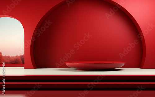 Red room with bowl on table. Generative AI