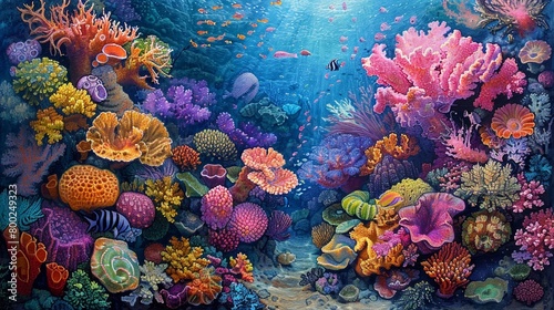 Beautiful illustrations showcasing the vibrant ecosystem of a coral reef. © tonstock