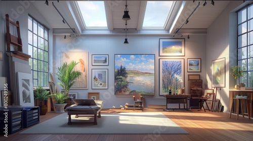 A contemporary art studio with skylights and a gallery wall 32k, full ultra hd, high resolution photo