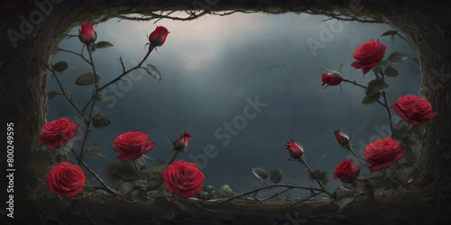Dark charcoal concrete wall background. Intricate creative floral frame with red roses. Vignette fantasy rose frame. photo