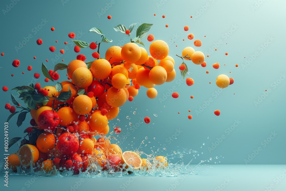 A dynamic arrangement of fresh oranges, leaves, and a splash of water giving the feeling of freshness and natural vitality A dynamic arrangement of fresh oranges, leaves, and a splash of water giving the feeling of freshness and natural vitality
