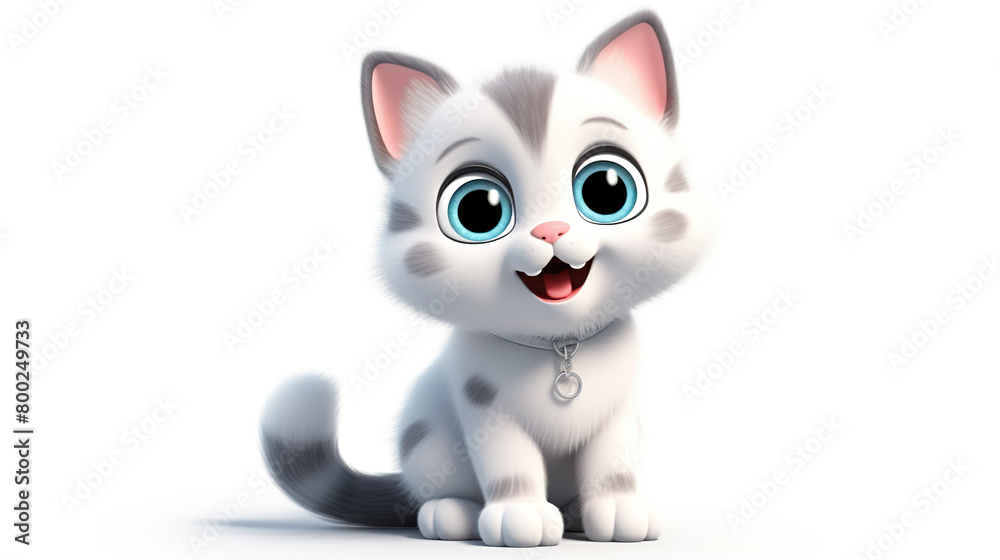 Cartoon character of a small, adorable cat, isolated on a white background