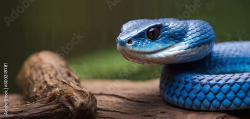 blue snake with intricate scales and a forked tongue extended, coiled on a branch in its natural forest habitat