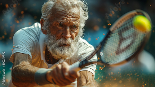 Elderly man playing tennis with a tennis racquet. Generative AI