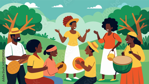 In a corner of the park a group gathered for a soulful drum circle adding a touch of African heritage to the Juneteenth picnic.. Vector illustration