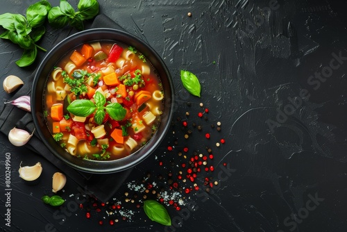 Italian minestrone soup with pasta on black background