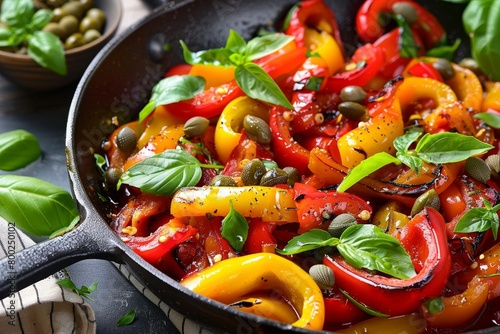 Italian peperonata bell peppers capers basil roasted in pan photo