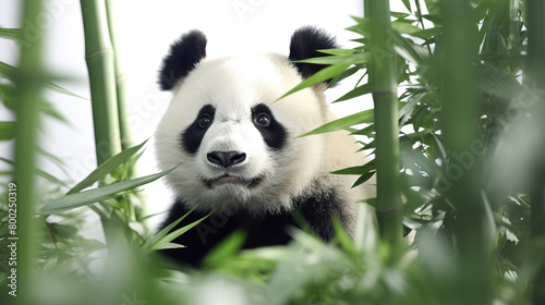 Numerous adorable creatures in a bamboo forest  isolated against a stark white background