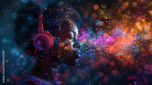 An African woman is immersed in her favorite tunes, getting lost in the vibrant hues and pulsating beats, surrounded by abstract light effects against a dark backdrop.
