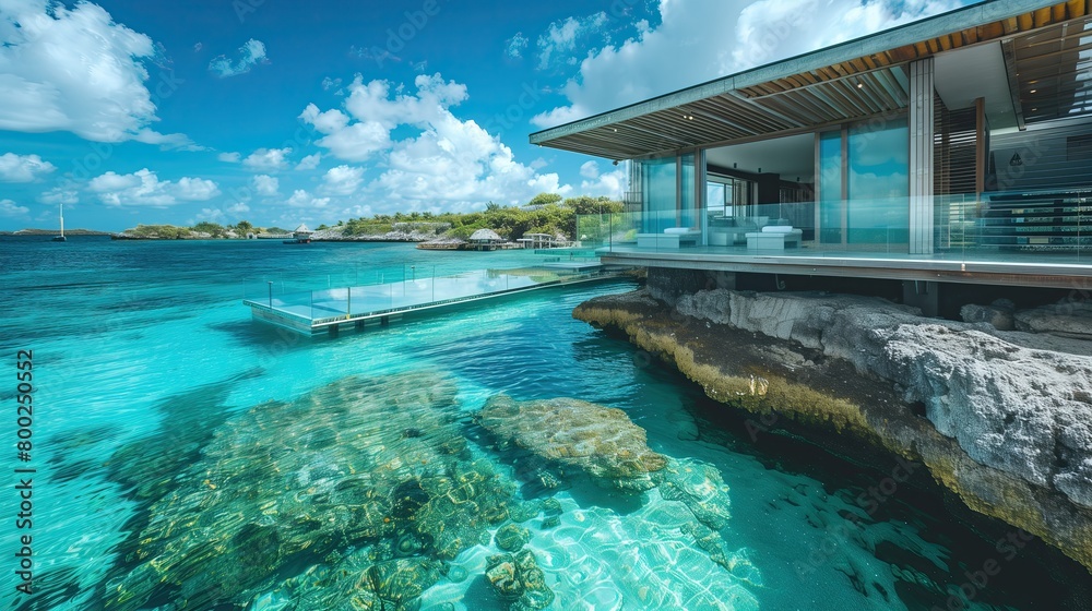 A floating villa with glass floors over a crystal-clear lagoon 32k, full ultra hd, high resolution
