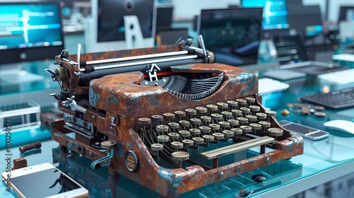 An old, rusted typewriter surrounded by modern computers and smartphones in a hightech office, representing technological evolution