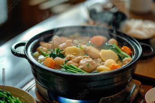 Japanese Chicken and Veggie Pot on Tabletop photo