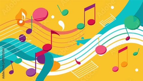 Brightlycolored music notes floating in the air punctuated by lines and quotes from influential figures of the civil rights movement.. Vector illustration photo