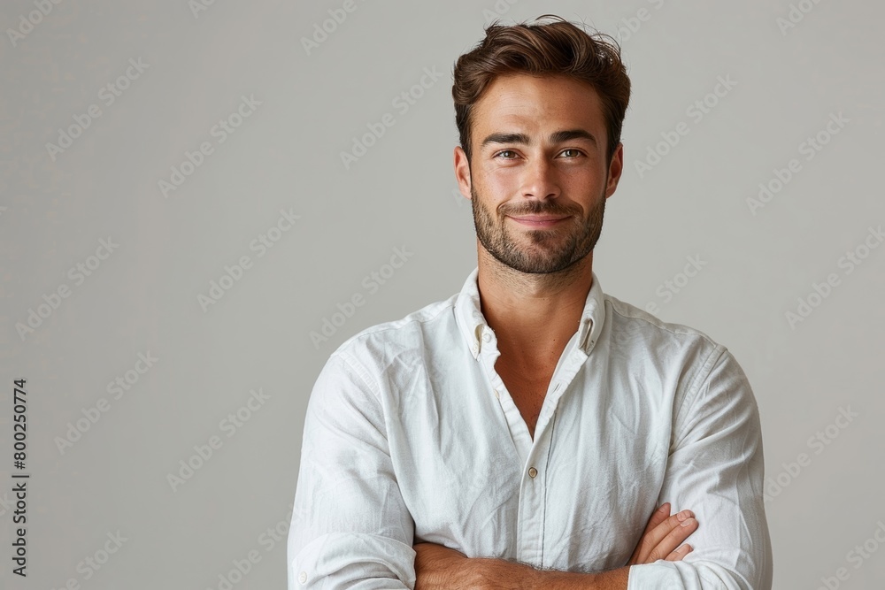 A guy is smiling and standing for a picture in his white shirt A guy is smiling and standing for a picture in his white shirt
