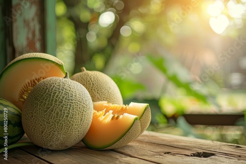 Japanese melon cantaloupe slices on wooden table with garden background Popular summer fruit for health concept photo