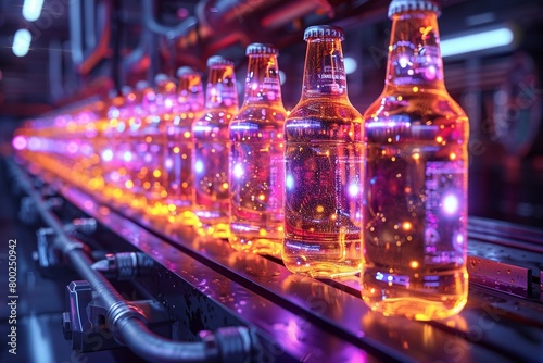 The futuristic beer label is designed with vibrant neon hues and captivating holographic details.