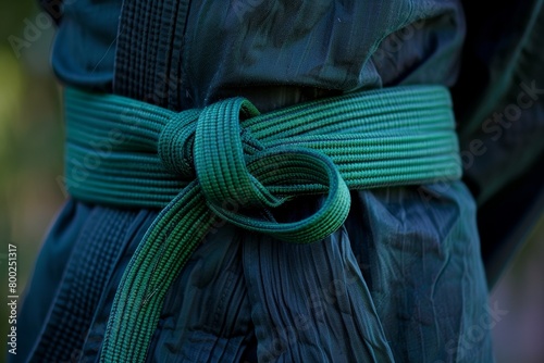Karate green belt worn by martial artist in black GI photo