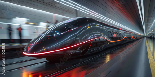 Futuristic high-speed train. Modern engineering and design. Sleek and aerodynamic, as it speeds along its elevated tracks. Design concept.