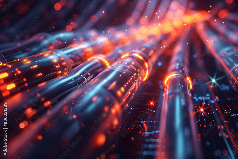 A futuristic data stream with glowing red and blue lights and cables A futuristic data stream with glowing red and blue lights and cables