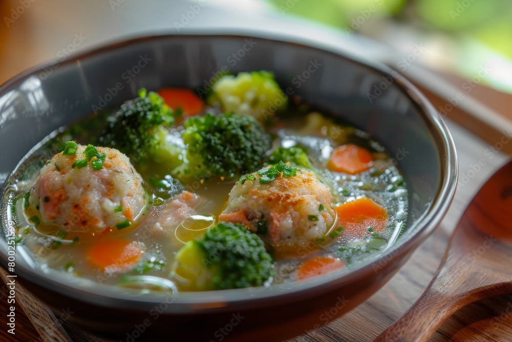 Kids menu featuring vegetable soup with broccoli carrot crab and salmon cheese meatball