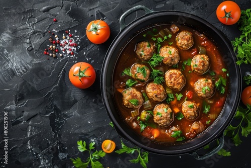 Keto meatball soup in pot on dark background Top view flat lay