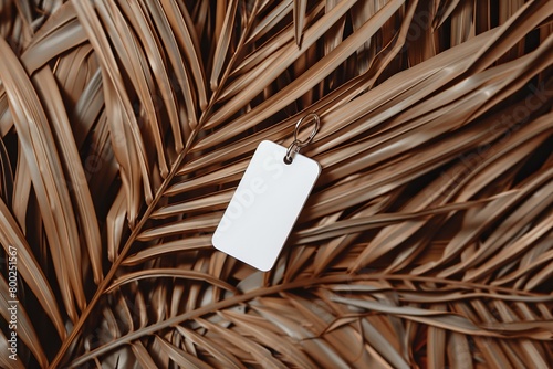 Keychain mockup with brown palm leaves for design display White blank sublimation key chain photo Flat lay top view