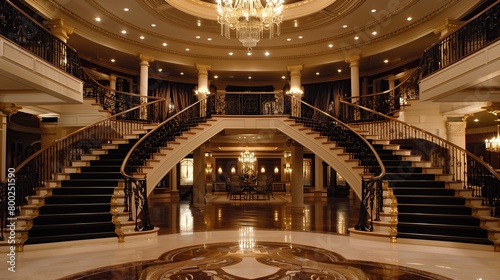 A grand foyer with a double staircase and a dramatic chandelier 32k, full ultra hd, high resolution