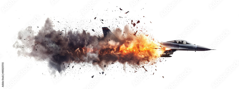 Fighter jet explosion in the air from a missile hit isolated on the transparent background Fighter jet explosion in the air from a missile hit isolated on the transparent background