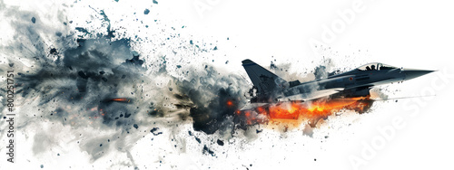 Fighter jet explosion in the air from a missile hit isolated on the transparent background