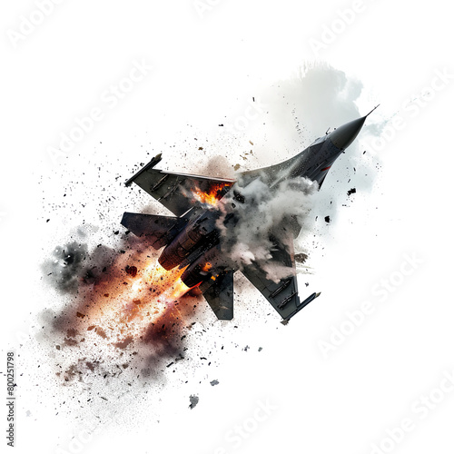 Fighter jet explosion in the air from a missile hit isolated on the transparent background