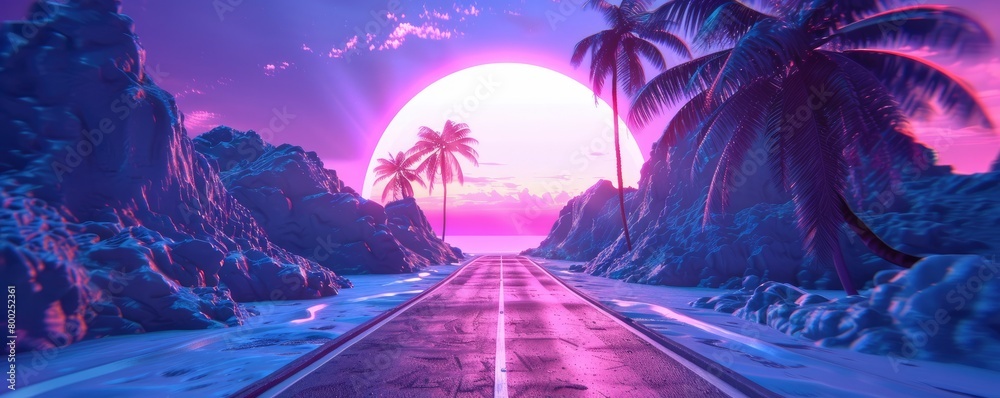 Retrowave mountain road with neon sun and palm trees