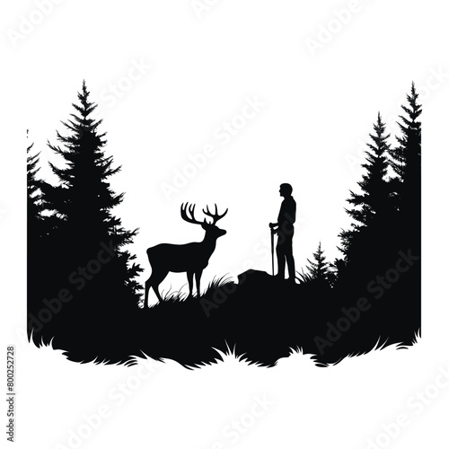Vector silhouettes of an adult male hunting big game. Deer Hunting Silhouette. Dear Hunting Vector Illustration.