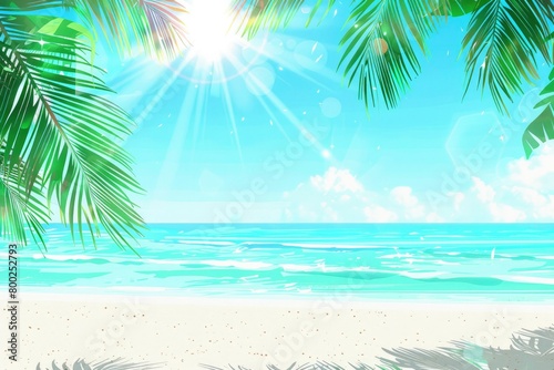beach background with light blue sea  palm leaves hanging in the upper left corner and sunlight shining on it.