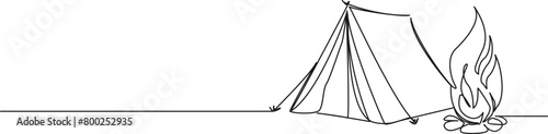 continuous single line drawing of campground with tent and campfire, line art vector illustration