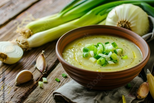 Leek soup in bowl with fresh ingredients on table