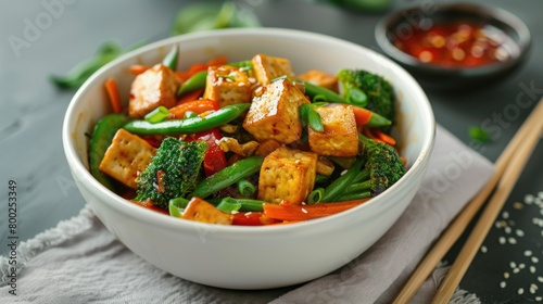 Fresh Tofu Vegetable Stir-Fry in White Ceramic Bowl