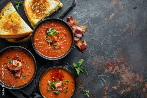 Lentil soup with grilled cheese and bacon top view on dark background comfort food concept Delicious flat lay
