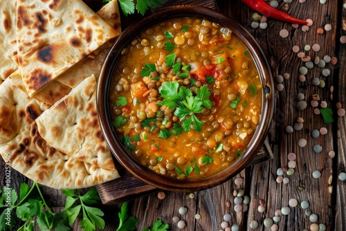 Lentil soup with pita bread in a bowl on wood background