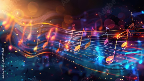 Colorful notes sheet music cheerful musical concept background  glowing light   Melody  music note shape background. 