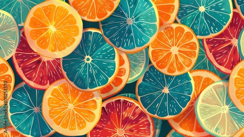 Citrus fruit slices, seamless pattern, vivid background color, magazine cover ready, aerial perspective