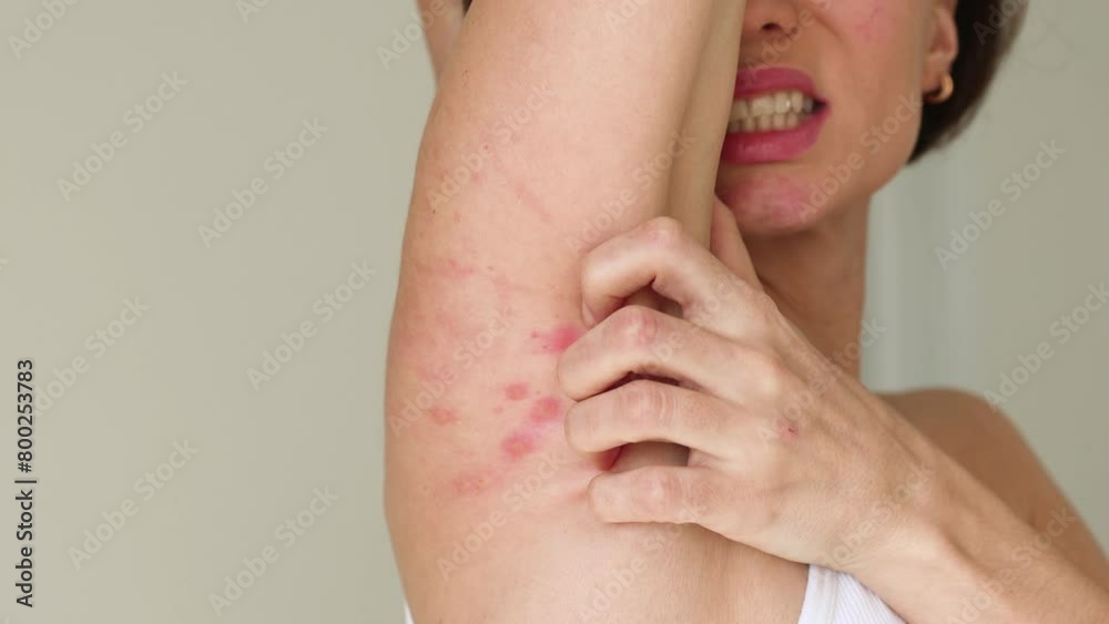 A woman scratches her shoulder bitten by a bedbug on a white background, close-up. Skin health problem. Red pimples.