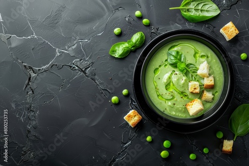 Light summer soup with peas basil croutons on marble background with copy space