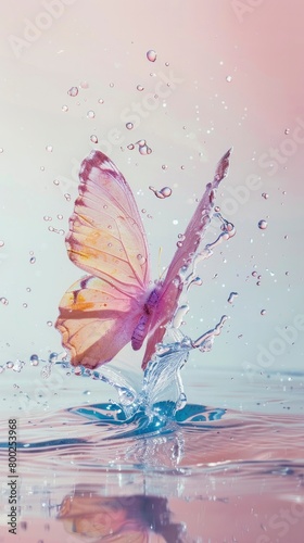 water splashing in the shape of butterfly, light background with soft colors and water drops © Image