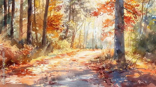 A serene watercolor painting of a sunlit forest path, showcasing the vibrant hues of autumn leaves as they dance in the gentle breeze.