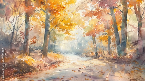 A serene watercolor painting of a sunlit forest path  showcasing the vibrant hues of autumn leaves as they dance in the gentle breeze.