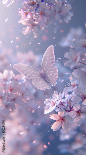 White butterfly flying on white cherry blossoms, soft pastel purple background,