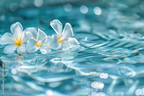 White frangipani flowers floating on the water, with water ripples and a blue background