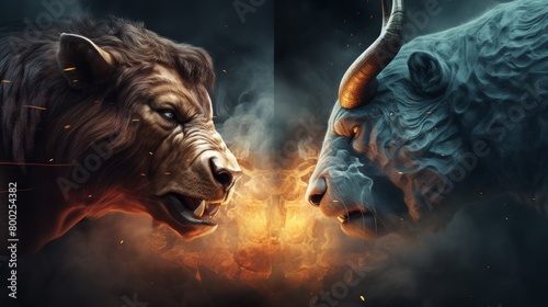 A split image showing a bull and a bear facing each other, representing the opposing forces in the stock market.