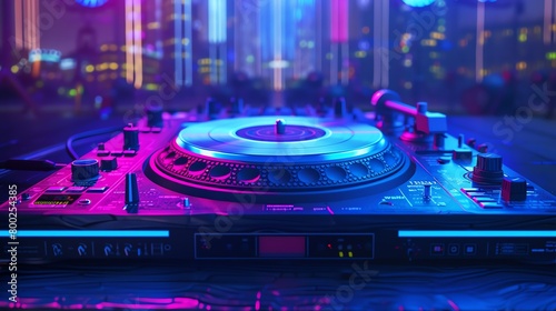 DJ turntable in a blue neon ambiance, 3D style, eyelevel view, club setting